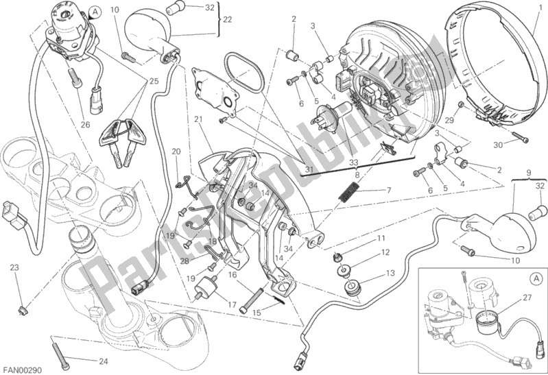 All parts for the Headlight of the Ducati Scrambler Sixty2 Thailand 400 2018
